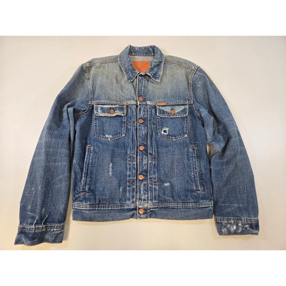 Ezra Fitch A&F Mens Distressed Denim Trucker Jacket Blue Moose Graphic‎ L